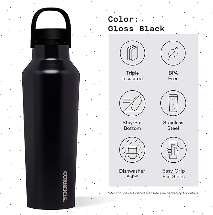 Corkcicle Sport Canteen Insulated Tumbler, Gloss Black, 20 oz – Reusable Water Bottle Keeps Beverages Cold for 25 Hours & Hot 12 Hours – Cupholder Friendly Tumbler with Screw-On Cap