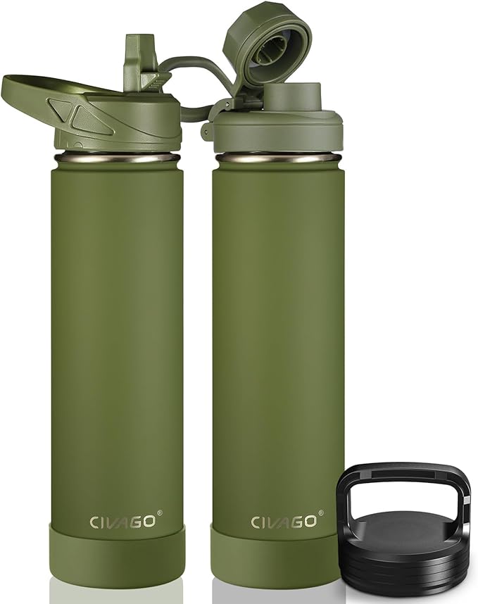 CIVAGO 24 oz Insulated Water Bottle With Straw, Stainless Steel Sports Water Flask Cup with 3 Lids (Straw, Spout and Handle Lid), Double Walled Travel Thermal Canteen Mug, Army Green