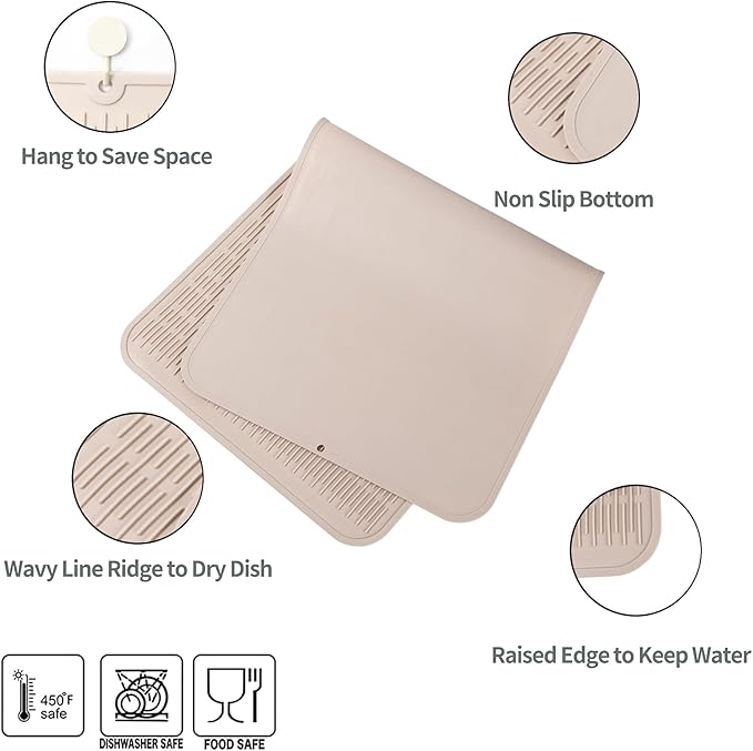 Silicone Dish Drying Mat for Multiple Usage,Easy clean,Eco-friendly,Heat-resistant Silicone Mat for Kitchen Counter or Sink,Refrigerator or Drawer Liner Tapioca 5XL 36inches x 18inches
