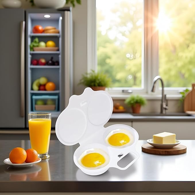1Pc White Egg Poacher, Microwave Egg Boiler Poacher, 2 Cavity Nonstick Poached Egg Maker With Lid, Egg Poacher Microwave Egg Cooker, Double Drain Poached Egg Cups Cookware（13 * 5cm）