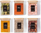 Comsaf Spice Jars with Label，8 oz Small Glass Jars with Lids, 6 Pcs Seasoning Containers, Rectangle Glass Containers with Lids, Empty Seasoning Jars for Pantry Storage, Loose Tea, Herbs, Powders, Salt