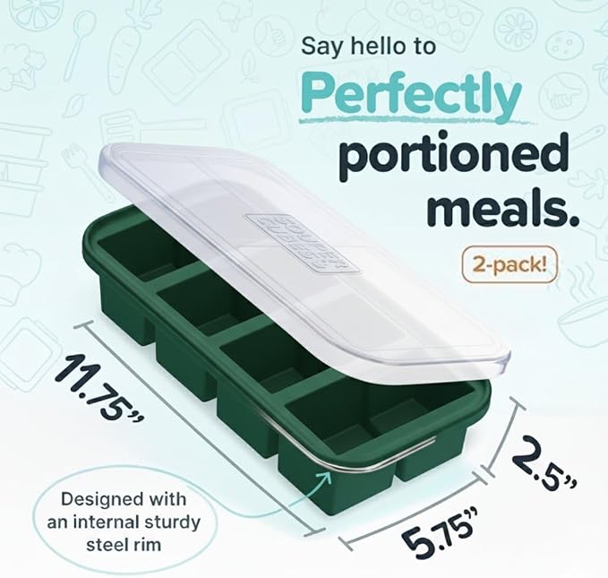 Souper Cubes 1 Cup Silicone Freezer Tray with Lids, Perfect for Storing Broth, Leftovers, Rice, Sauce and More, Silicone Soup Freezer Molds for Meal Prepping - Kale - 2-Pack