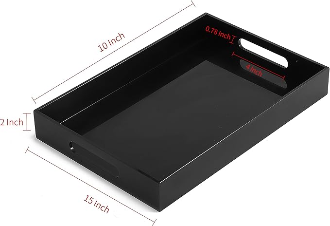 Glossy Black Sturdy Acrylic Serving Tray with Handles-10x15Inch-Serving Coffee,Appetizer,Breakfast,Butler-Kitchen Countertop Tray-Makeup Drawer Organizer-Vanity Table,Ottoman Tray-Decorative