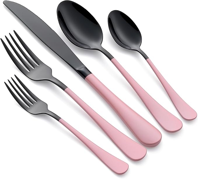 20-Piece Black and Red Silverware Set 18/0 Stainless Steel Flatware Warm Pink Handle Cutlery Set Service for 4 Dinner Knives Forks Spoons Set Mirror Finish Dishwasher Safe