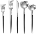 Lemeya Matte Black Silver Silverware Set for 4,Modern Stainless Steel Brushed Cutlery Set,20-Pieces Heavy Duty Flatware Set,Knives Spoons and Forks Set Utensils Set, Satin Finish, Dishwasher Safe