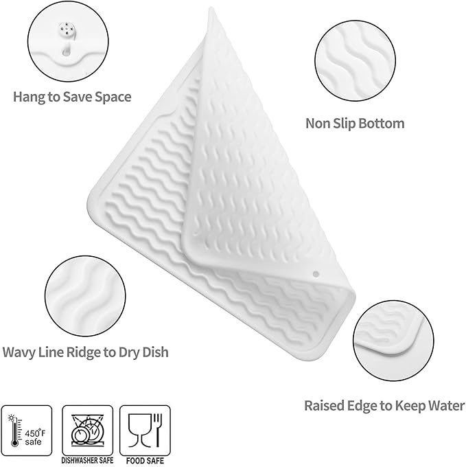 Silicone Dish Drying Mat for Multiple Usage,Easy clean,Eco-friendly,Heat-resistant Silicone Mat for Kitchen Counter or Sink,Refrigerator or Drawer liner White M 12 inches x 12 inches