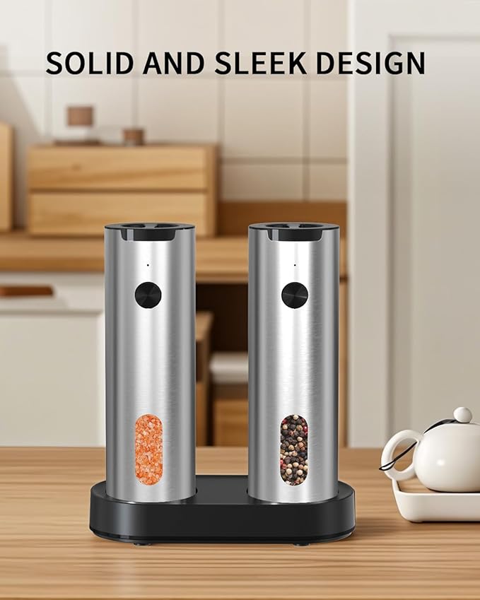 CIRCLE JOY Electric Salt and Pepper Grinder Set, Stainless Steel Rechargeable Pepper Mill Set with Charging Base, 110ML Top-Fill, Adjustable Coarseness, LED Light, One-Hand Operation, Gift Idea