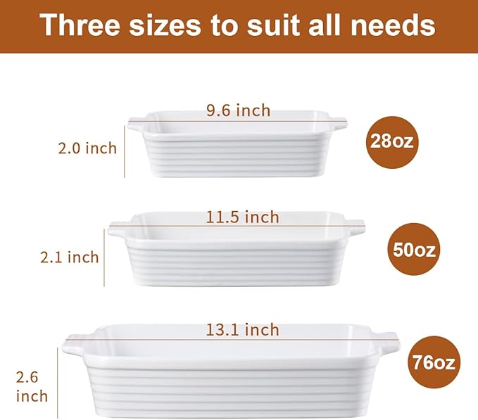 Jassceram Casserole Dishes for Oven, 3-Piece Ceramic Baking Dish Set, Rectangular Lasagna Pan Deep with Handles, Nesting Bakeware for Baking & Roasting, Oven Safe (9.6 to 13.1 Inch), White - Christmas Gift