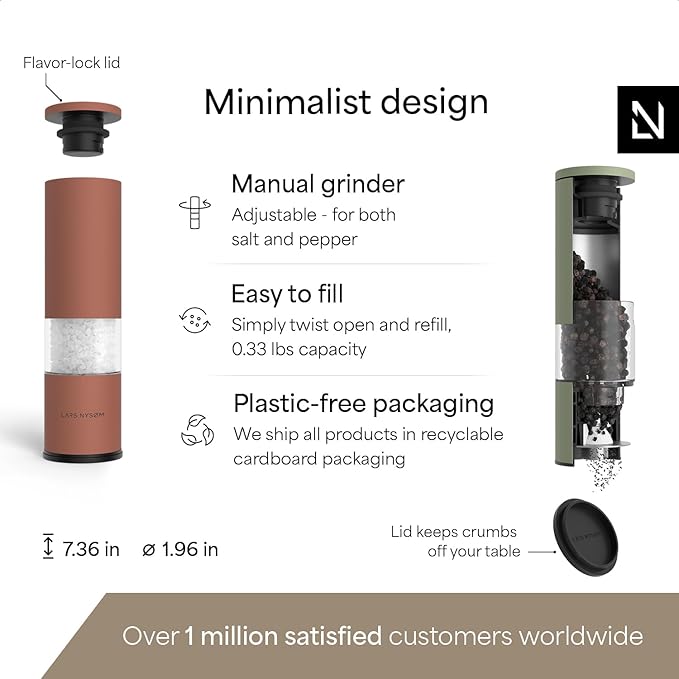 LARS NYSØM Salt and Pepper Grinder Set Manual, Stainless Steel Salt and Pepper Mills with Adjustable Ceramic Grinder I Design Spice Shakers (Red/Green)