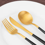 SHARECOOK 30-Piece Matte Gold Silverware Set - Stainless Steel Satin Finish Flatware Service for 6, Kitchen Utensil Set With Black Handle