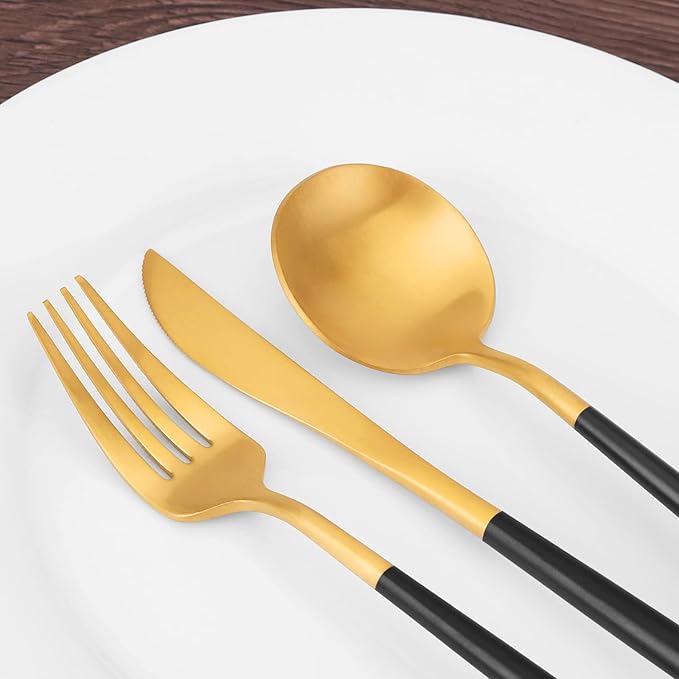 Matte Gold Silverware Set, SHARECOOK 20-Piece Stainless Steel Satin Finish Flatware Set Service for 4, Kitchen Utensil Set, Tableware Cutlery Set for Home and Restaurant, With Black Handle