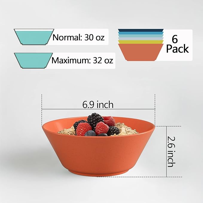 Unbreakable Large Cereal Bowls Set of 6, 32 Ounce BPA-Free Microwave and Dishwasher Safe Salad Bowls, Stackable Color Kitchen Set for Serving, Soup, Oatmeal, Pasta, Noodles - 6 Colors