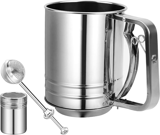 Flour Sifter Stainless Steel,5 Cup Flour Sifter for Baking,3 in1 Sifter for Baking with Powdered Sugar Shaker Duster, Flour Shaker Duster for Baking Cakes, Pastries, Pies, Cupcakes and Desserts