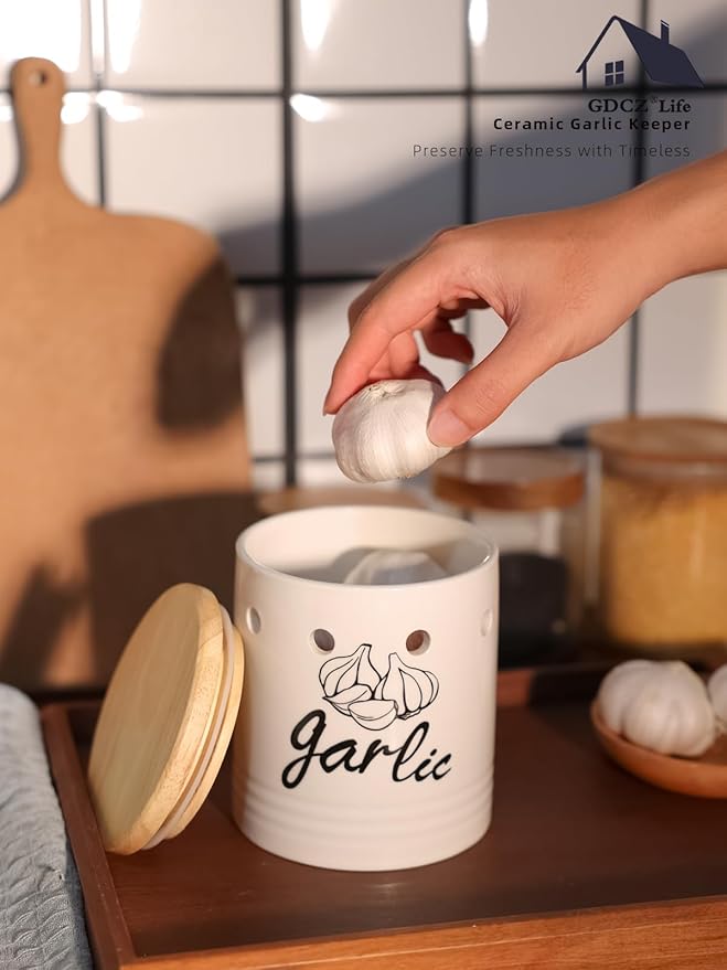 Large Garlic Keeper with Wood Lid, Ceramic Garlic Container for Counter,Garlic Saver to Keep Your Garlic Cloves Fresh Longer, 31 oz White