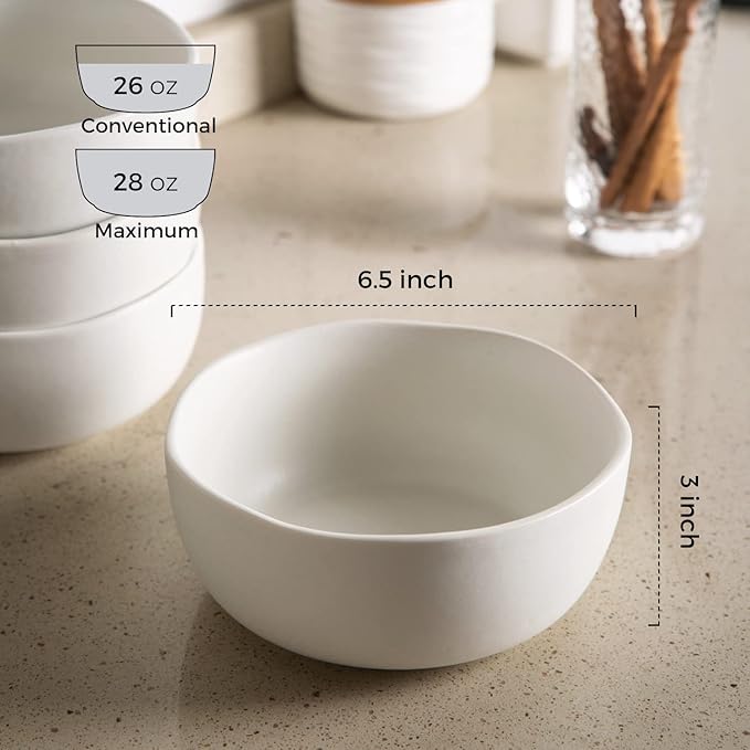 AmorArc Stoneware Cereal Bowls for Kitchen, 28oz Large Ceramic Soup Bowls Set of 4 for Meal, Snacks,Soup, Oven, Microwave&Dishwasher safe Kitchen Bowls with Wavy Rim, Matte White