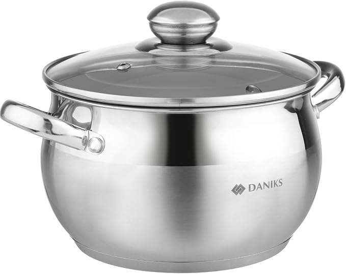Daniks Classic 3 Quart Stainless Steel Stock Pot with Glass Lid, Tri-Ply Bottom for Even Heating, Induction Compatible, Dishwasher Safe