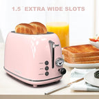 Toaster 2 slice,Retro Stainless Steel Toaster with 6 Settings, 1.5 In Extra Wide Slots, Bagel/Defrost/Cancel Function, Removable Crumb Tray (Baby pink)