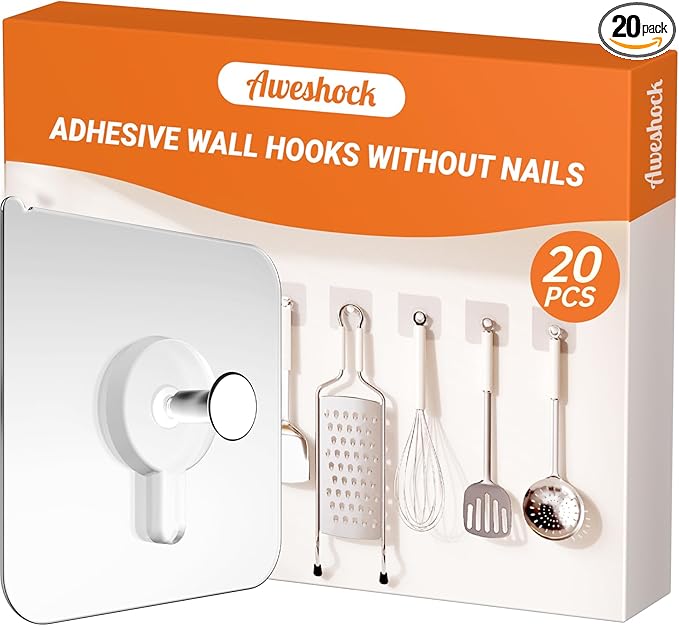 20 Pack Adhesive Wall Hooks, 13 lbs Max Load Picture Hangers Without Nials, Waterproof Oilproof No Damage Hooks for Bathroom Towels, Kitchen, Shower & Home Organization