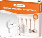 20 Pack Adhesive Wall Hooks, 13 lbs Max Load Picture Hangers Without Nials, Waterproof Oilproof No Damage Hooks for Bathroom Towels, Kitchen, Shower & Home Organization