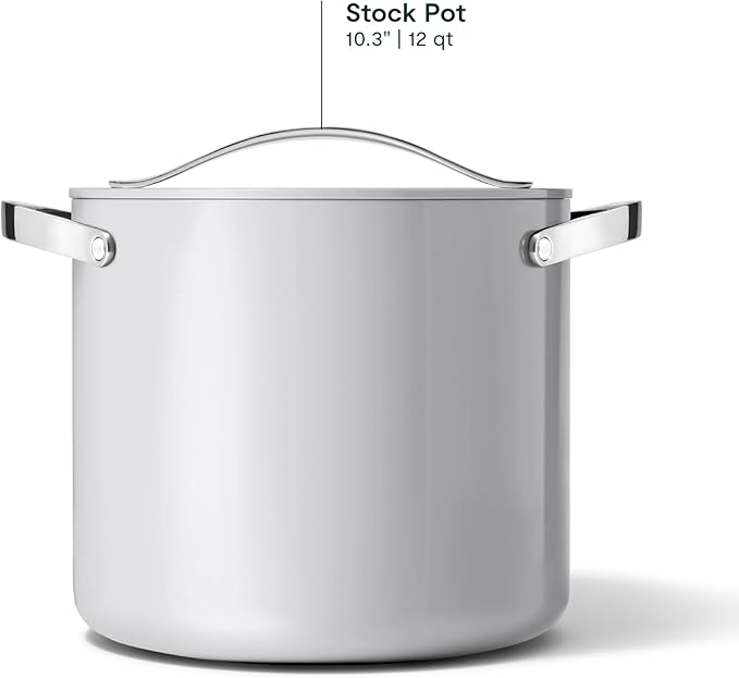Caraway Stock Pot - 12 Qt Ceramic Coated Pot With Lid - Fee From Forever Chemicals - Large Pot for Bigger Batches - Gray