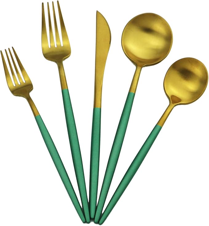 Green Handle Matte Gold Silverware, Gugrida 5-Piece 18/10 Stainless Steel Flatware Set, Kitchen Utensils, Tableware Travel Cutlery for Camping Office Lunch, Satin Finish, Dishwasher Safe