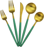 Green Handle Matte Gold Silverware, Gugrida 5-Piece 18/10 Stainless Steel Flatware Set, Kitchen Utensils, Tableware Travel Cutlery for Camping Office Lunch, Satin Finish, Dishwasher Safe