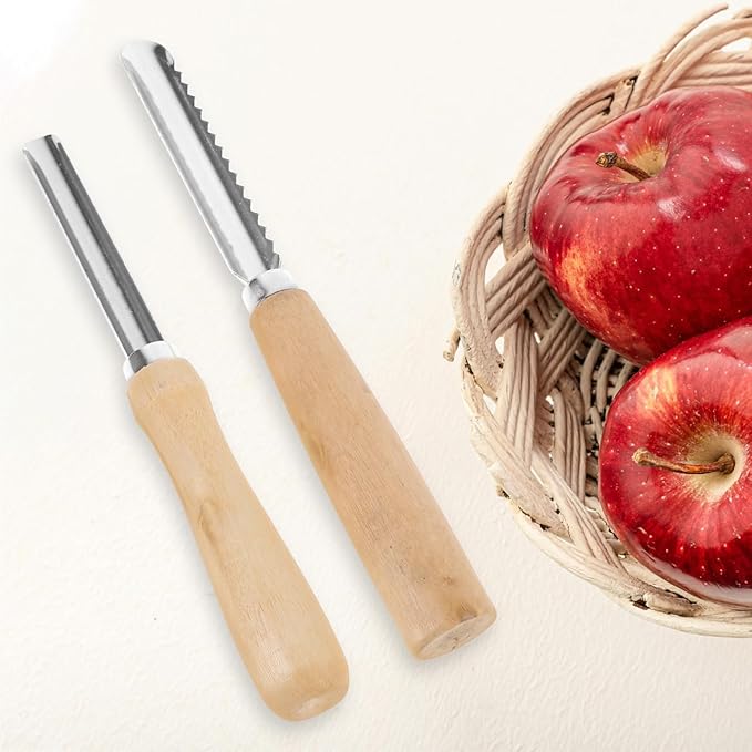 Cabilock 2pcs Corer and Pitter, Stainless Steel Fruit Corer with Wooden Handle, Serrated and Smooth Pitter for Apple, Pear, Peach