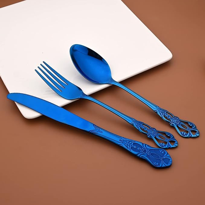 Royal 24-piece Blue Mirror Silverware Dinnerware, 18/10 Stainless Steel Luxury Flatware Service For 6 Include Knives/Forks/Spoons/Teaspoons, Dishwasher Safe
