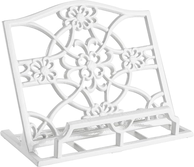 JOGREFUL Cookbook Stand, Cast Iron Heavy-Duty Recipe Book Holder, Kitchen Vintage Recipe Book Holder, Reading Rest Holder for Easel/Counter/Books/Magazine/iPad/Bible, Flower Pattern, White
