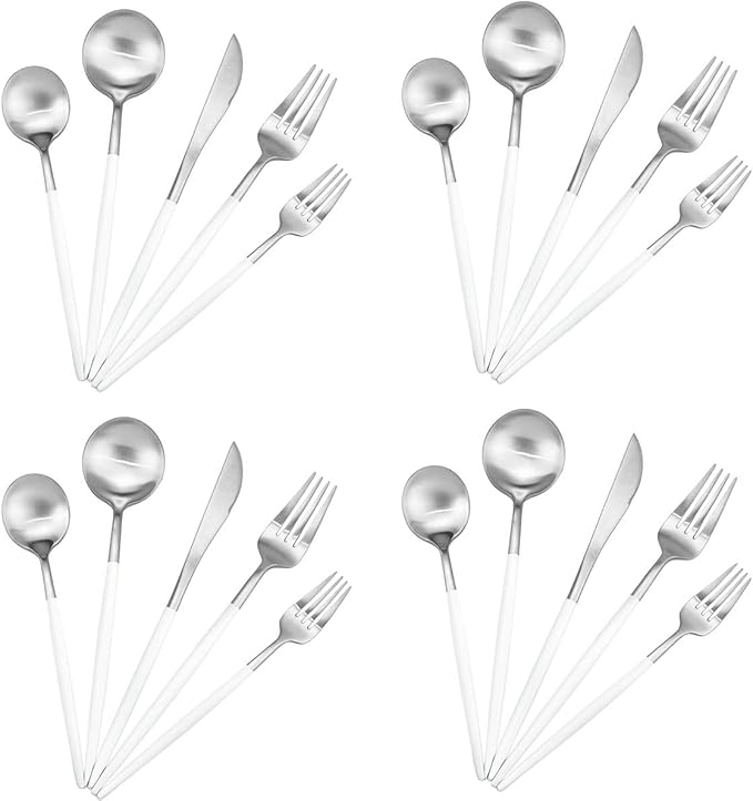 Gugrida 20-Piece 18/10 Stainless Steel Flatware Silverware, Luxury Dinnerware Set Travel Cutlery Tableware Include Knife Fork Spoon Service for 4, Dishwasher Safe (White Handle Matte Silver)
