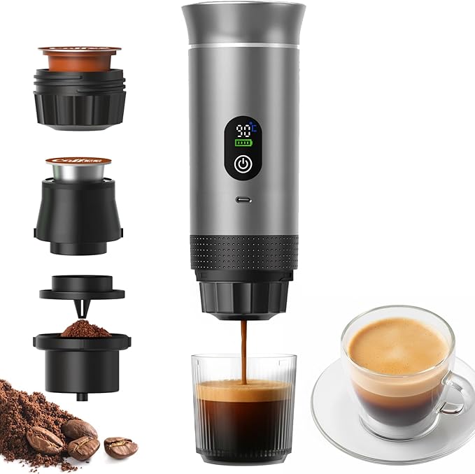 Portable 3-in-1 Espresso Coffee Maker, Self-Heating & Rechargeable with Smart Display — Works with Ground Coffee, Small & Large Capsules; Travel & Camping Mini Machine, 20-Bar Extraction, 60 ml Cup