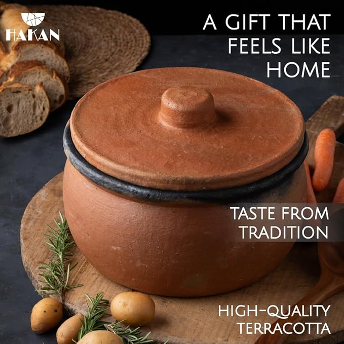 Hakan Efes Clay Cooking Pot with Lid, MIDI 2.9 Quarts Clay Pots for Cooking, Earthenware Rice Pots, UNGLAZED Traditional Casserole for STOVE Top, Portuguese Terracotta Roaster, 94.7 oz (2.8 L)