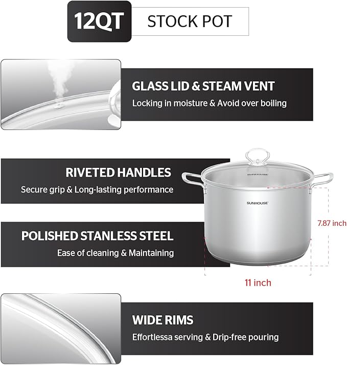 SUNHOUSE Stainless Steel Stock Pot – 12.6 Quart Heavy-Duty Induction Cooking Pot with Glass Lid for Pasta, Soup, Spaghetti – Thick-Bottom Large Stockpot for Boiling, Simmering, Canning