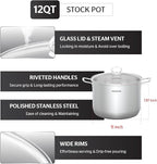 SUNHOUSE Stainless Steel Stock Pot – 12.6 Quart Heavy-Duty Induction Cooking Pot with Glass Lid for Pasta, Soup, Spaghetti – Thick-Bottom Large Stockpot for Boiling, Simmering, Canning
