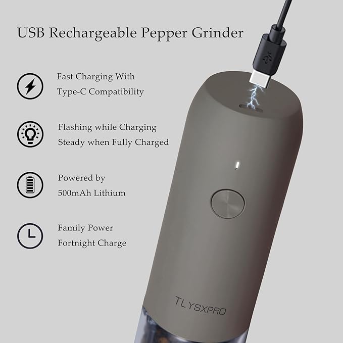 Electric Pepper Grinder, USB Rechargeable, Automatic Pepper Shaker, Adjustable Coarseness, Electric Pepper Mill, LED Light, Refillable, Kitchen Gadget (1-Pack, Greige)