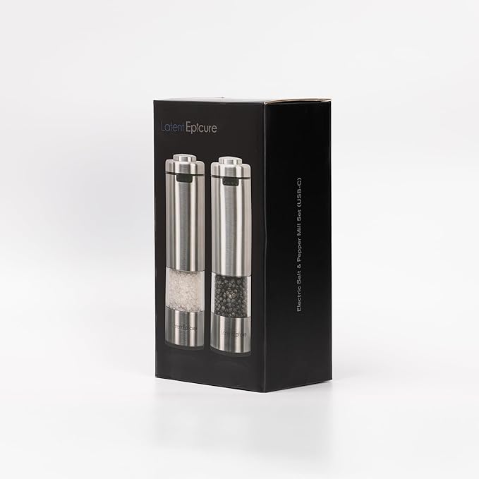USB-C Electric Salt and Pepper Grinder Set (pack of 2) - Stainless Steel Salt & Pepper Mills with LED Light - Complimentary Mill Rest- One Handed Operation Adjustable Ceramic Grinders