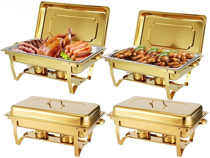 Chafing Dish Buffet Set with Gold Frame, 9 Quart Capacity, 4 Pack, Full Size Chafers