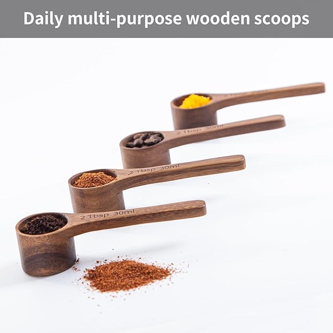 4PCS Wooden Measuring Scoops Acacia Wooden Scoops For Jars Small Wood Scoop For Coffee Measuring Spoons Wood Scoop For Containers Daily Powder Salt Bath Soap Scooper Acacia(30ml&15ml)