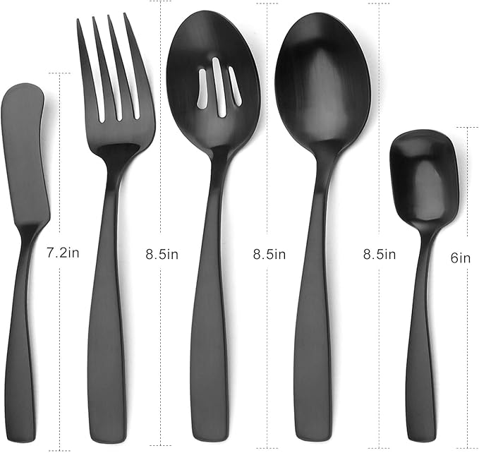 O.C.E. 5-Piece Matte Black Serving Flatware Silverware Set, Utensil Set of Stainless Steel, Satin Finish, Hostess Tableware Serving Set, Dishwasher Safe