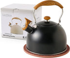 LONFFERY Tea Kettle for Stove Top, 2.5 Quart Whistling Tea Kettle, with Food Grade Stainless Steel and Wood Pattern Folding Handle, Black