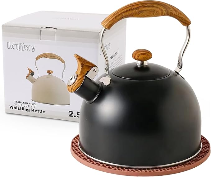 LONFFERY Tea Kettle for Stove Top, 2.5 Quart Whistling Tea Kettle, with Food Grade Stainless Steel and Wood Pattern Folding Handle, Black