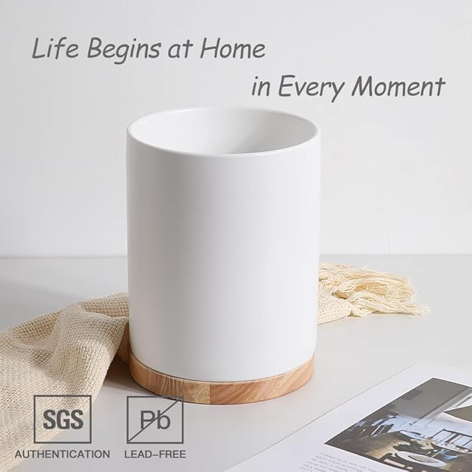 Sweejar Kitchen Utensil Holder with Wooden Bottom, 8.2" Ceramic Utensil Crock to Hold Spatulas for Cooking Countertop, Housewarming, Wedding, Birthday Gift (White)