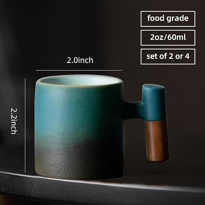 2-Oz Ceramic Espresso Cups with Wood Handle, 2/4-Piece Set for Coffee, Tea, Latte - Dishwasher Safe, Multi-Color & Wood Styles, Gift & Café Use (blue black, Wooden Handle4)