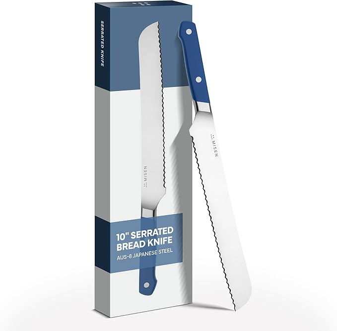 Misen Serrated Bread Knife – High-Carbon Japanese AUS8 Steel – Effortless Slicing of Bread, Pastries, and Fruits – Razor-Sharp Edge and Durable Blade with Ergonomic Handle - 10", Blue