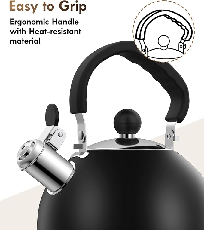 Premium Stainless Steel Tea Kettle for Stove Top - 2 Quart Classic Stovetop Teapot, Loud Whistle Kettle with Ergonomic Handle - Ideal for Hot Water & Tea,Coffee & Kitchen Decor(black)