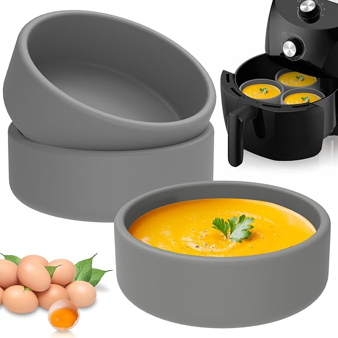 3Pcs Air Fryer Egg Mold 4"×1.3" Silicone Egg Poacher Cups Nonstick Egg Boiler Mold Cup Microwave Eggs Cooker Dishwasher Safe (Grey, 3-Pack)