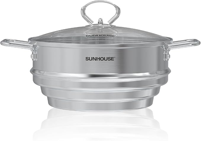 SUNHOUSE 5 Quart Stainless Steel Steamer Insert – Multi-Purpose Soup & Food Steamer with Stay-Cool Handles & Heavy-Duty Glass Lid – Fits Various Pot Sizes (8", 9", 9.5")