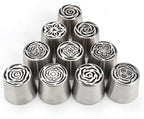 10 Pieces Extra Large Stainless Steel Seamless Russian Flower Piping Tips Kit for Marshmallow Bouquet,Cake Decorating Floral Icing Nozzles Set, 10 Icing Nozzles with 1 Clean Brush,1 Pastry Bag(XXL,A)