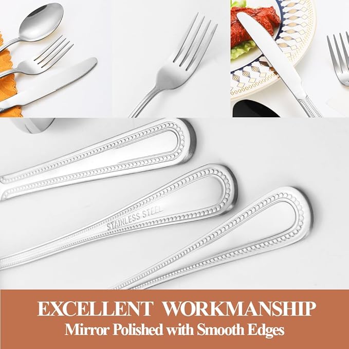 20 Pcs Silverware Set for 4 with Pearled Edge Handle design, Food Grade Stainless Steel Flatware Set, Eating Utensils Sets Include Fork/Knife/Spoon, Reusable Cutlery Set, Dishwasher Safe