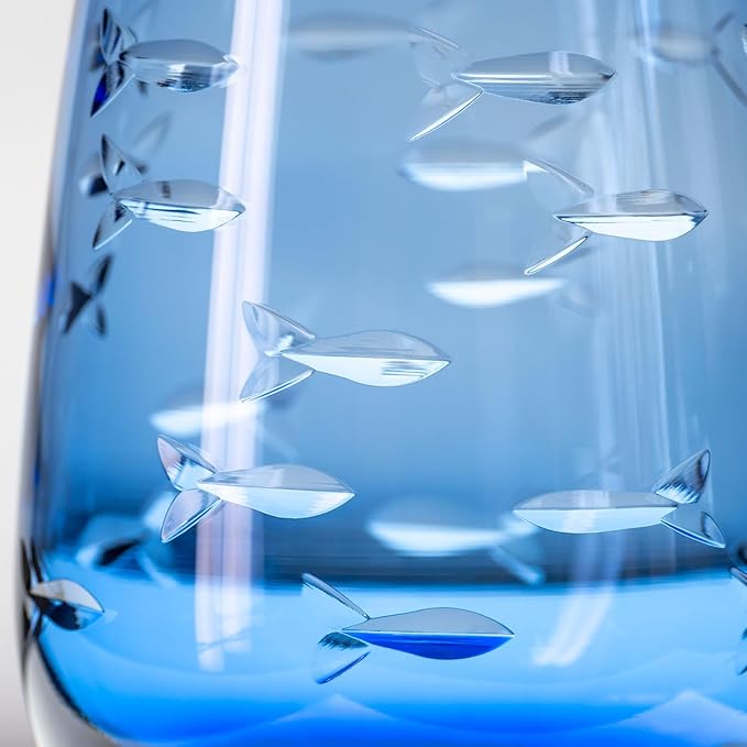 Rolf Glass School of Fish Blue Stemless Wine Glass | Set of 4 Stemless Glasses | 15oz Limited Edition Blue Glass Tumblers | Engraved Lead-Free Coastal Glassware | Made in the USA